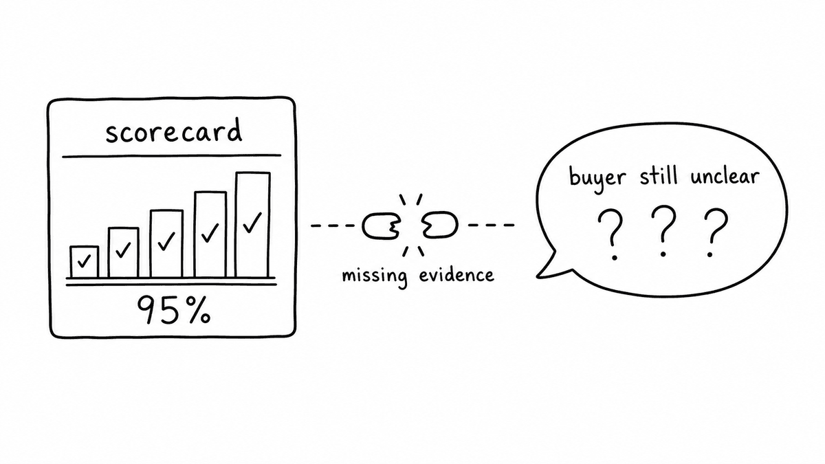 Hand-sketched scorecard dashboard showing a high score while the buyer remains unclear because buyer evidence is missing from the evaluation.