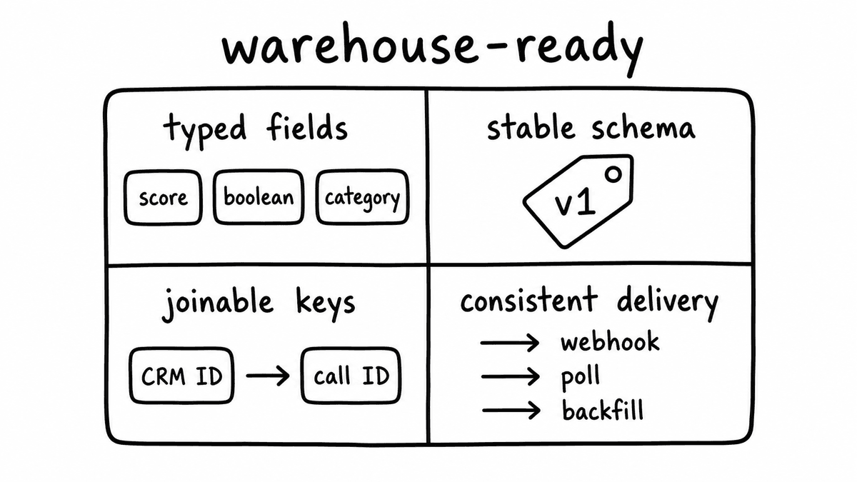 Hand-sketched 2x2 matrix showing four warehouse-ready conversation data requirements: typed fields, stable schema, joinable keys, and consistent delivery.