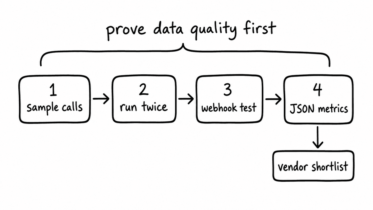Hand-sketched workflow for an API bake-off: sample calls, run twice, webhook test, JSON metrics, then vendor shortlist.