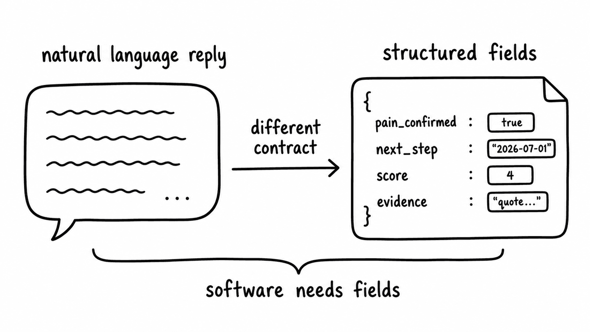 Hand-sketched output contract comparing a chat reply with typed conversation fields and evidence.