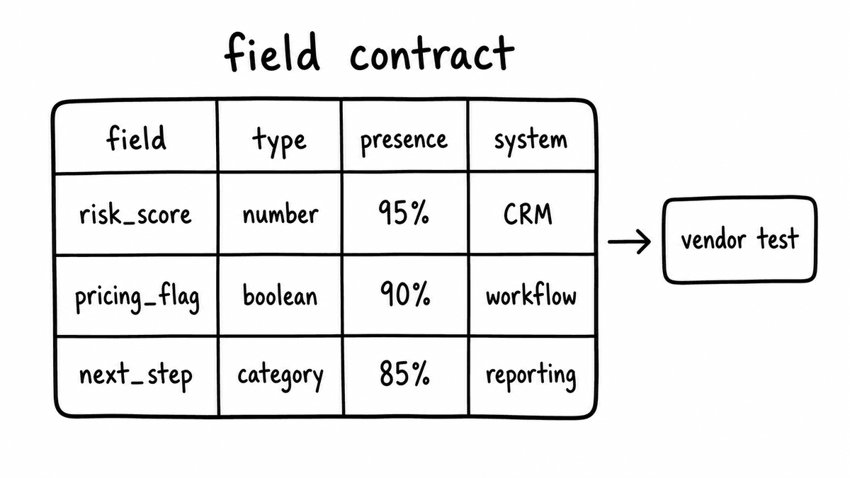 Hand-sketched field contract table with columns for field, type, presence, and system, followed by an arrow to a vendor test.