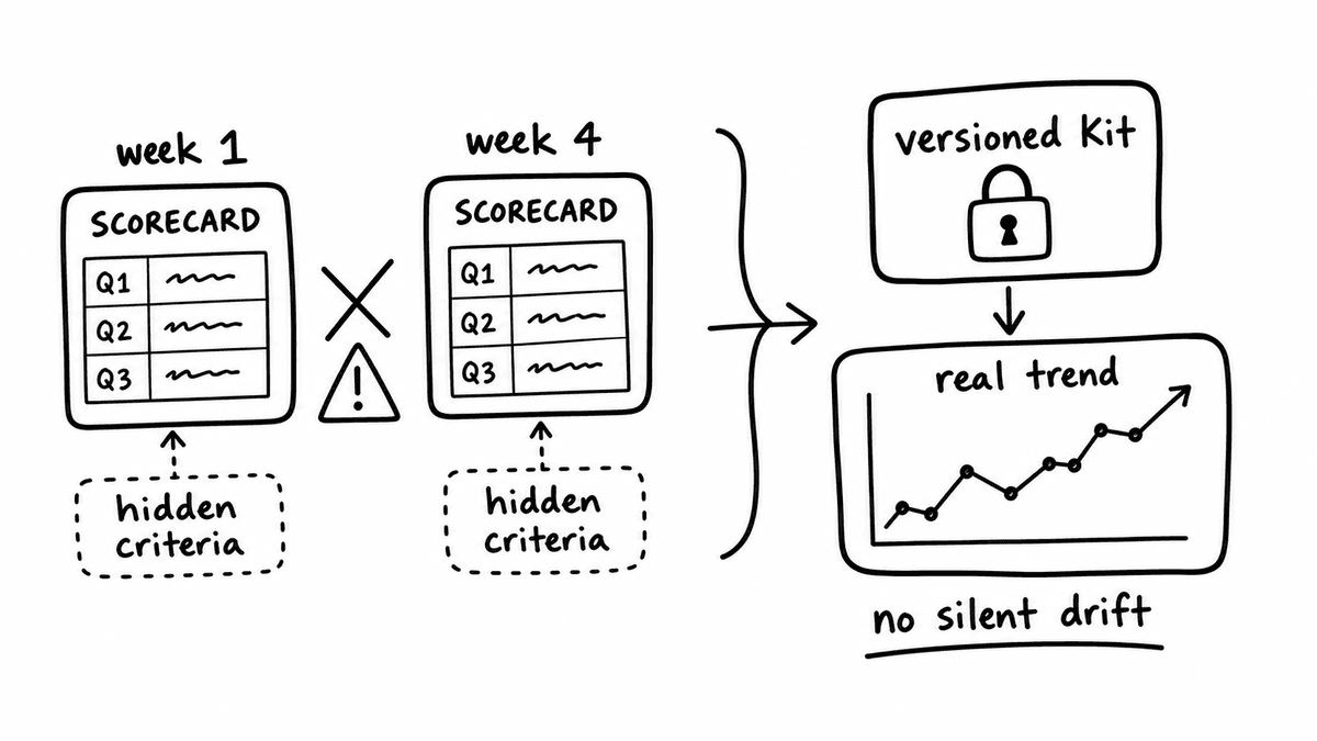 Freehand sketch showing silent scorecard drift breaking coaching trend measurement.