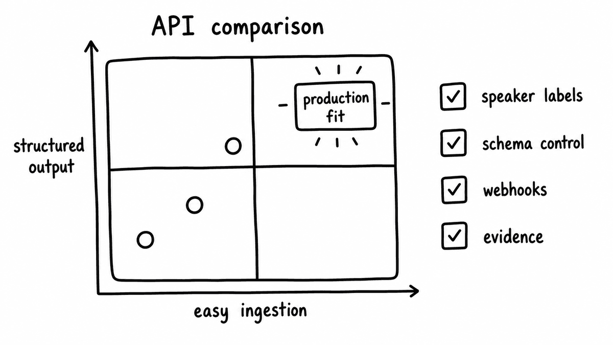 Hand-sketched matrix comparing transcript analysis APIs by ingestion reliability and structured output control.