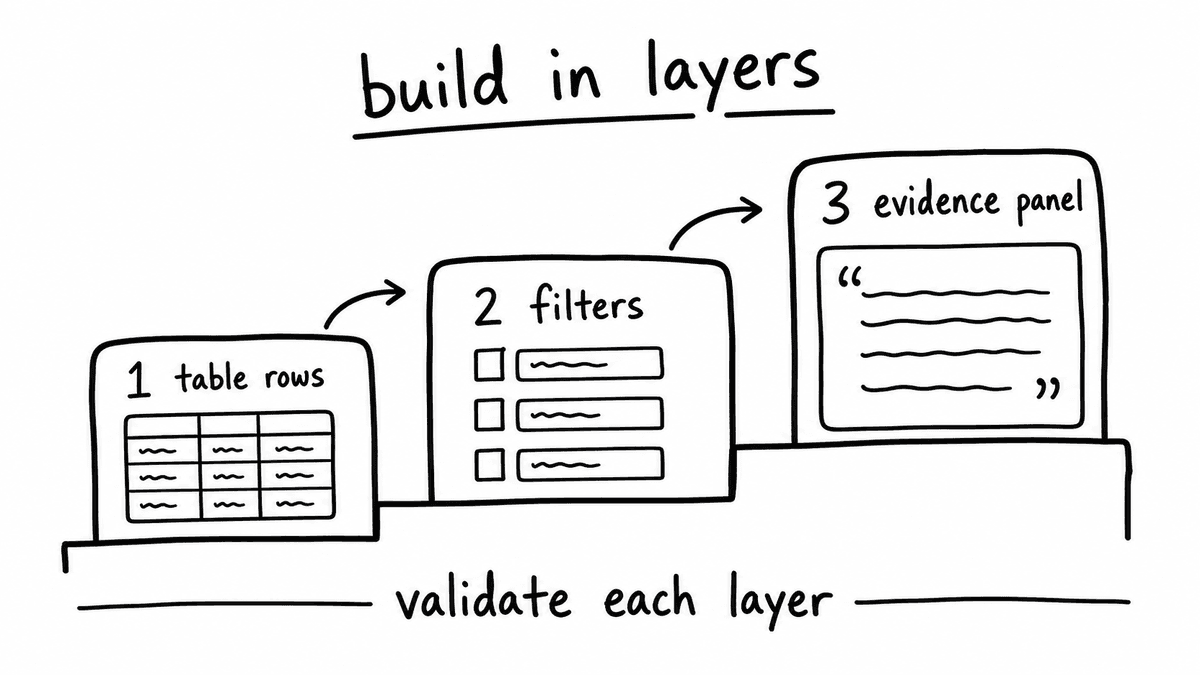 Freehand sketch showing dashboard construction in layers: table rows, filters, and evidence panel.