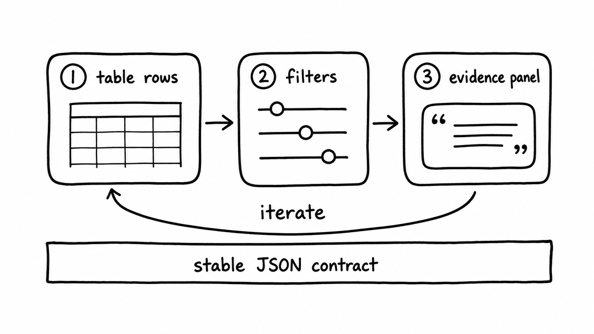 Hand-sketched build ladder showing table rows, filters, and evidence panel built on a stable JSON contract.