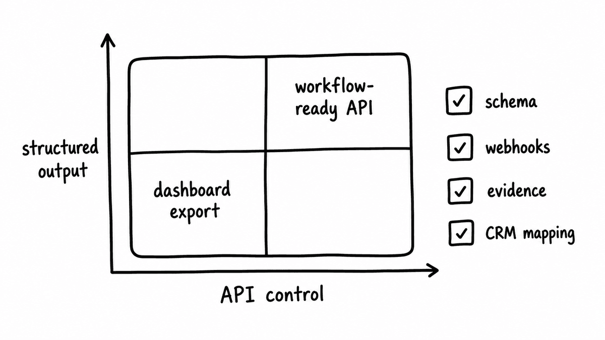 Hand-sketched decision matrix for Zoom Revenue Accelerator alternatives by API control, evidence, schema ownership, and CRM mapping.