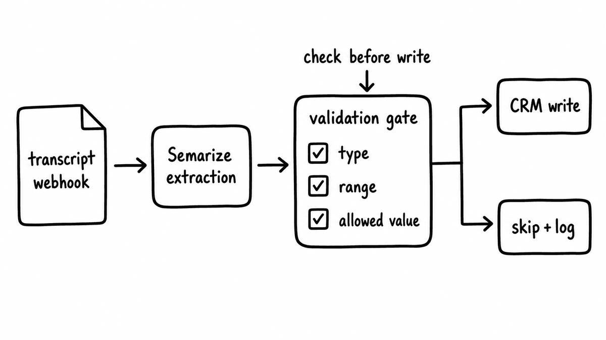Hand-sketched webhook pipeline with Semarize extraction, validation gate, CRM write, and skip-and-log path.