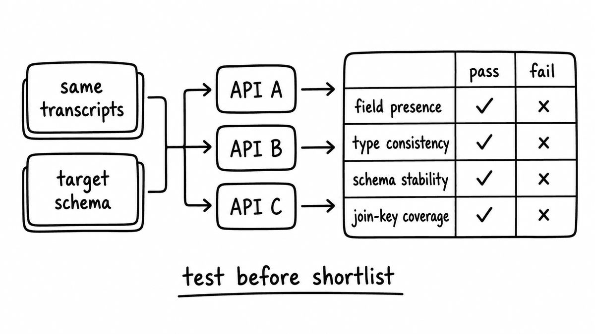 Hand-sketched pre-contract test showing the same transcripts and target schema sent to API A, API B, and API C, then scored for field presence, type consistency, schema stability, and join-key coverage.