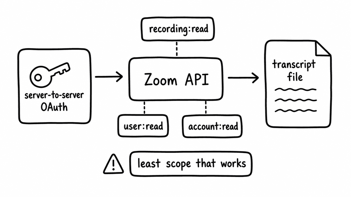 Hand-sketched OAuth scope checklist for reading Zoom recording transcript files with least privilege.